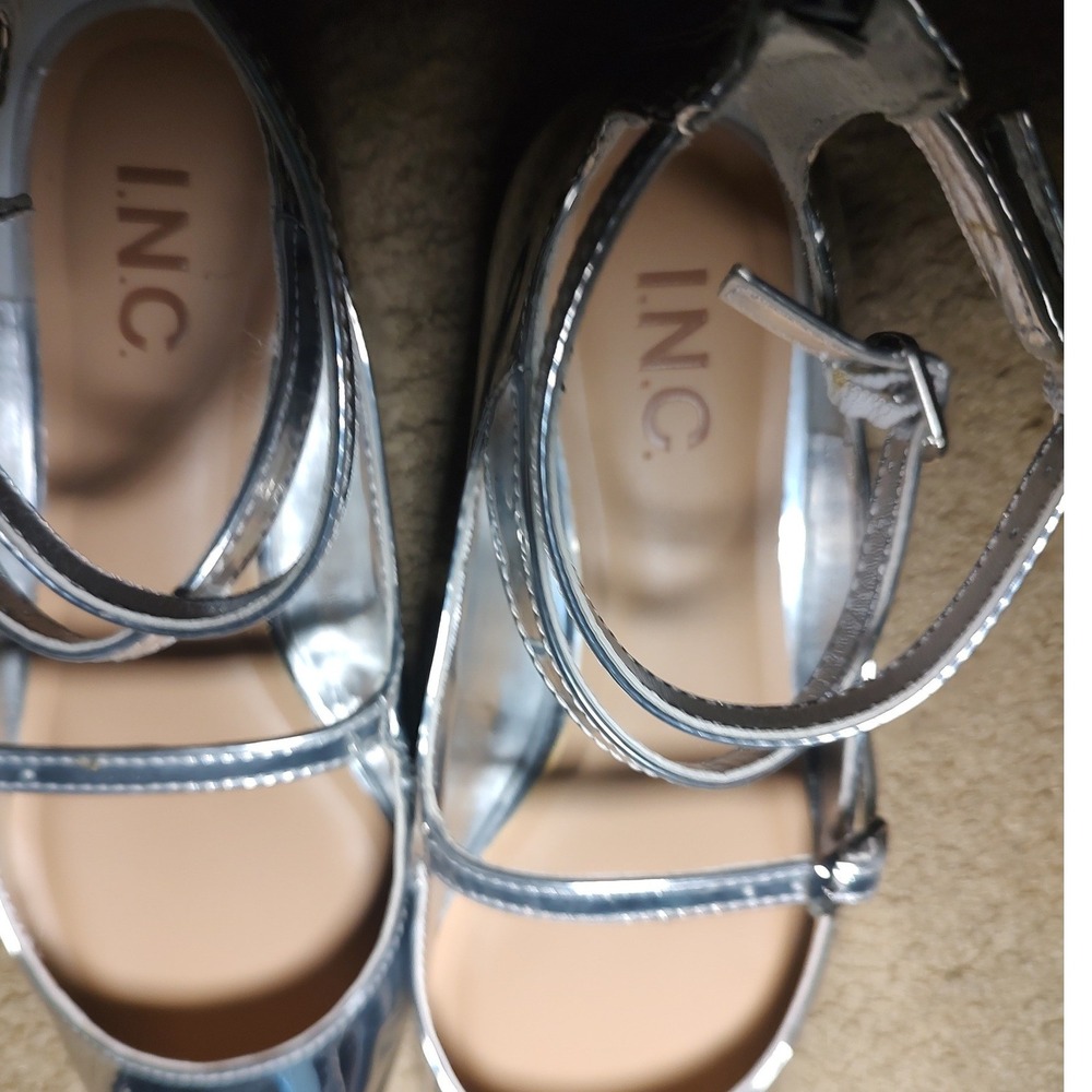 INC International Concepts Malan Silver Metallic Triple Strap Pointed Toe Flats